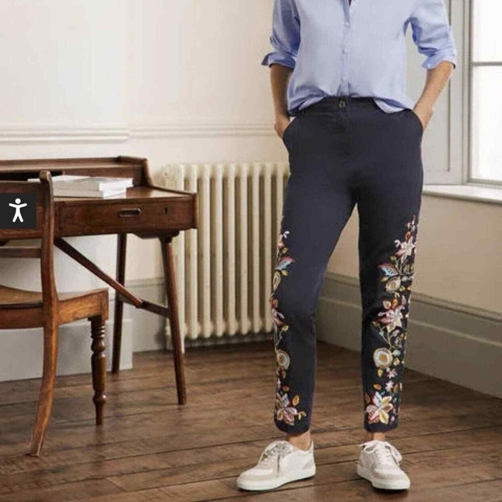 Boden Navy Blue Chinos with Floral Embroidery